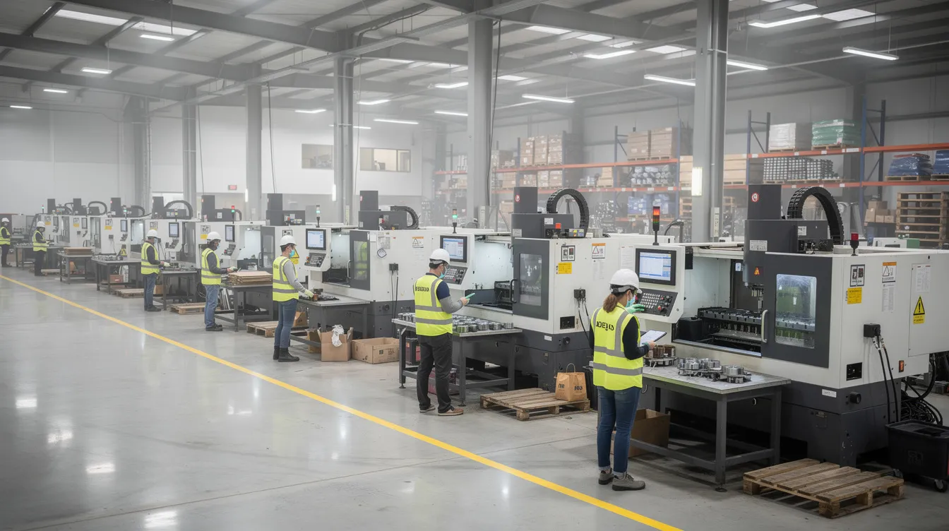 The image depicts an industrial manufacturing facility where workers are actively operating large machinery on the factory floor, showcasing the dynamic environment of industrial businesses. This scene highlights the importance of effective industrial marketing strategies to attract potential customers and enhance digital presence in a competitive market.