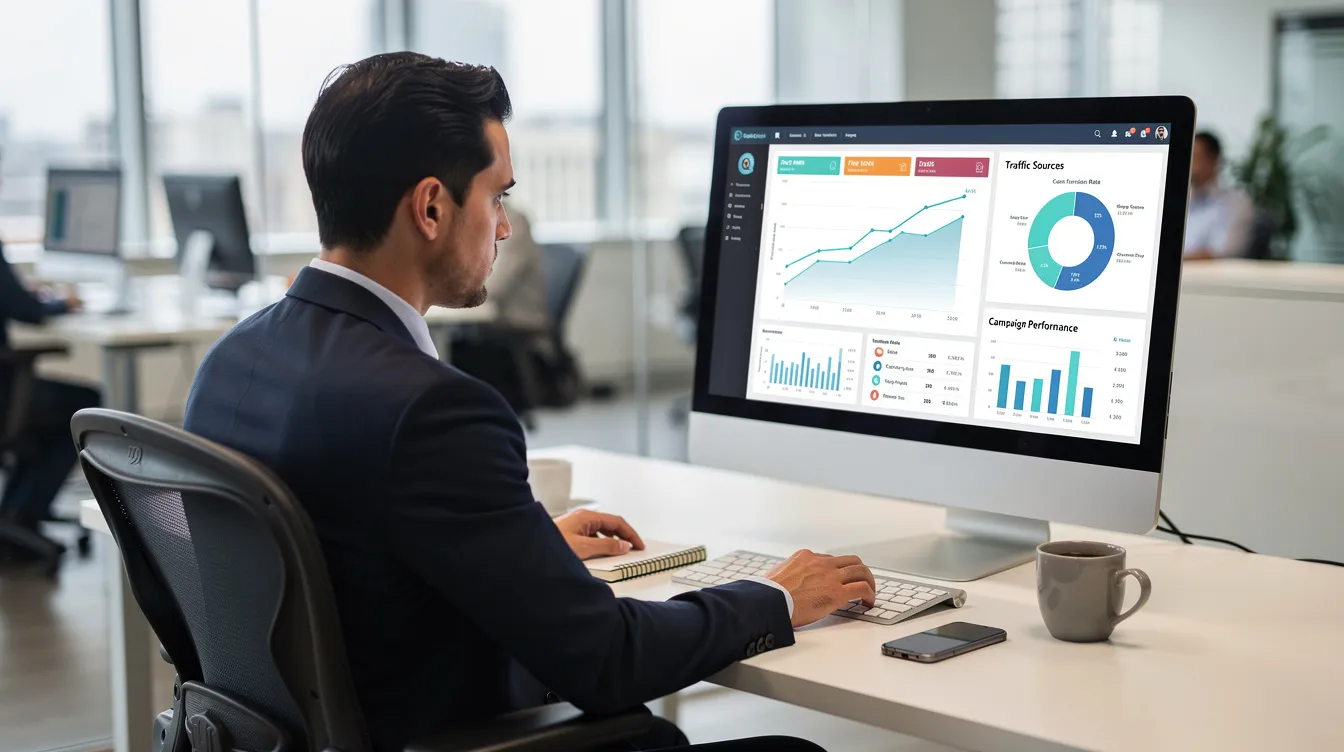 A professional is intently reviewing marketing analytics data displayed on a computer monitor in a modern office setting, focusing on digital marketing strategies tailored for industrial companies. The analysis likely involves key performance indicators that inform the marketing efforts and tactics aimed at reaching potential customers effectively.