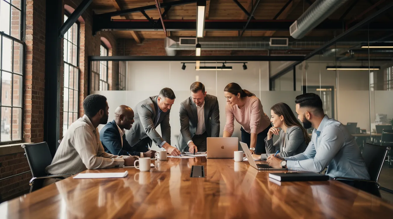 A diverse team of professionals is collaborating around a sleek conference table in a modern industrial office, discussing strategies for digital marketing tailored to industrial businesses. The atmosphere is focused and dynamic, reflecting their commitment to developing successful industrial marketing strategies that resonate with their target audience.