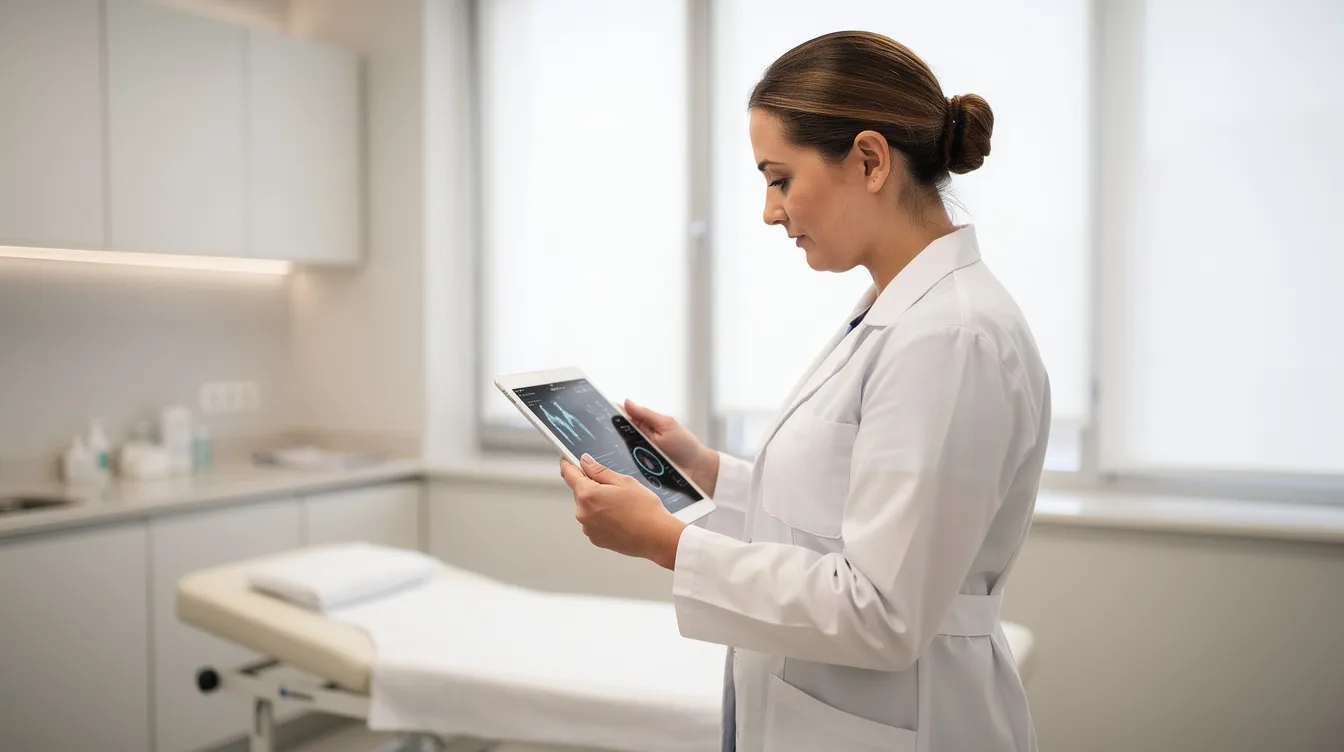 A medical professional in a white coat is intently reviewing patient data on a tablet inside a modern, well-lit clinic, highlighting the integration of healthcare digital marketing and technology in patient education and engagement. This scene reflects the essential role of healthcare marketing agencies in enhancing the efficiency of healthcare services.