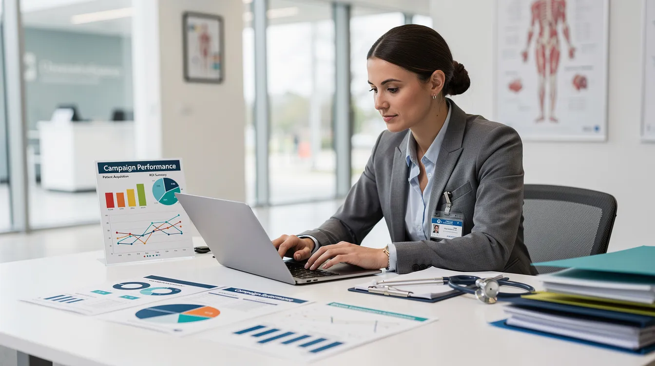 A healthcare administrator is seated at a modern desk in a medical office, intently reviewing marketing performance reports on a laptop. The scene highlights the integration of healthcare marketing strategies and digital tools essential for optimizing patient engagement and enhancing brand visibility within healthcare organizations.