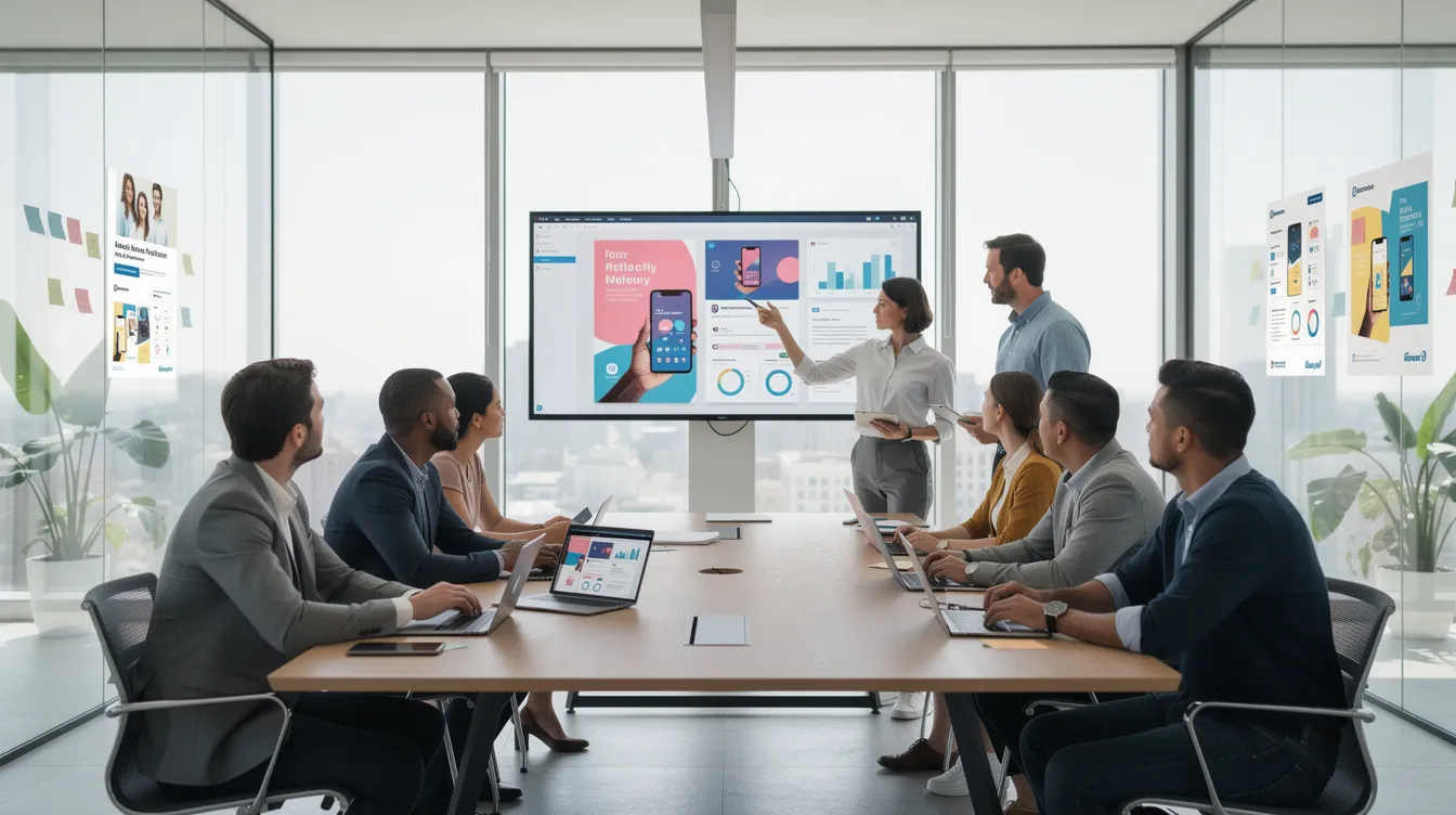 A diverse team is engaged in a collaborative meeting within a bright office, surrounded by marketing materials and analytics dashboards displayed on screens, highlighting their focus on healthcare marketing strategies and patient engagement initiatives. The atmosphere reflects a dynamic approach to digital marketing in the healthcare industry, emphasizing brand strategy and performance marketing.