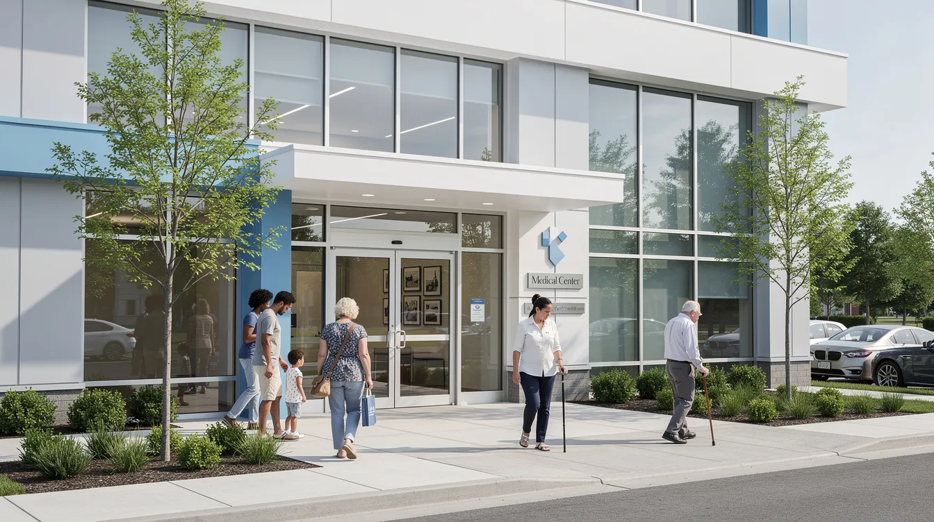 The image shows the exterior of a modern medical practice featuring large windows and a professional design, with several patients entering the building. This inviting atmosphere reflects the healthcare industry's focus on patient engagement and the importance of a well-designed space for healthcare organizations.
