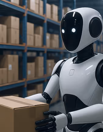 A humanoid robot in a logistic center holding a box