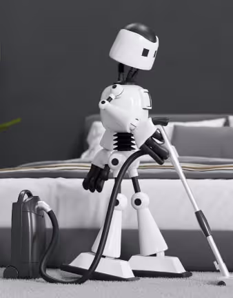 A humanoid robot vacuuming at home