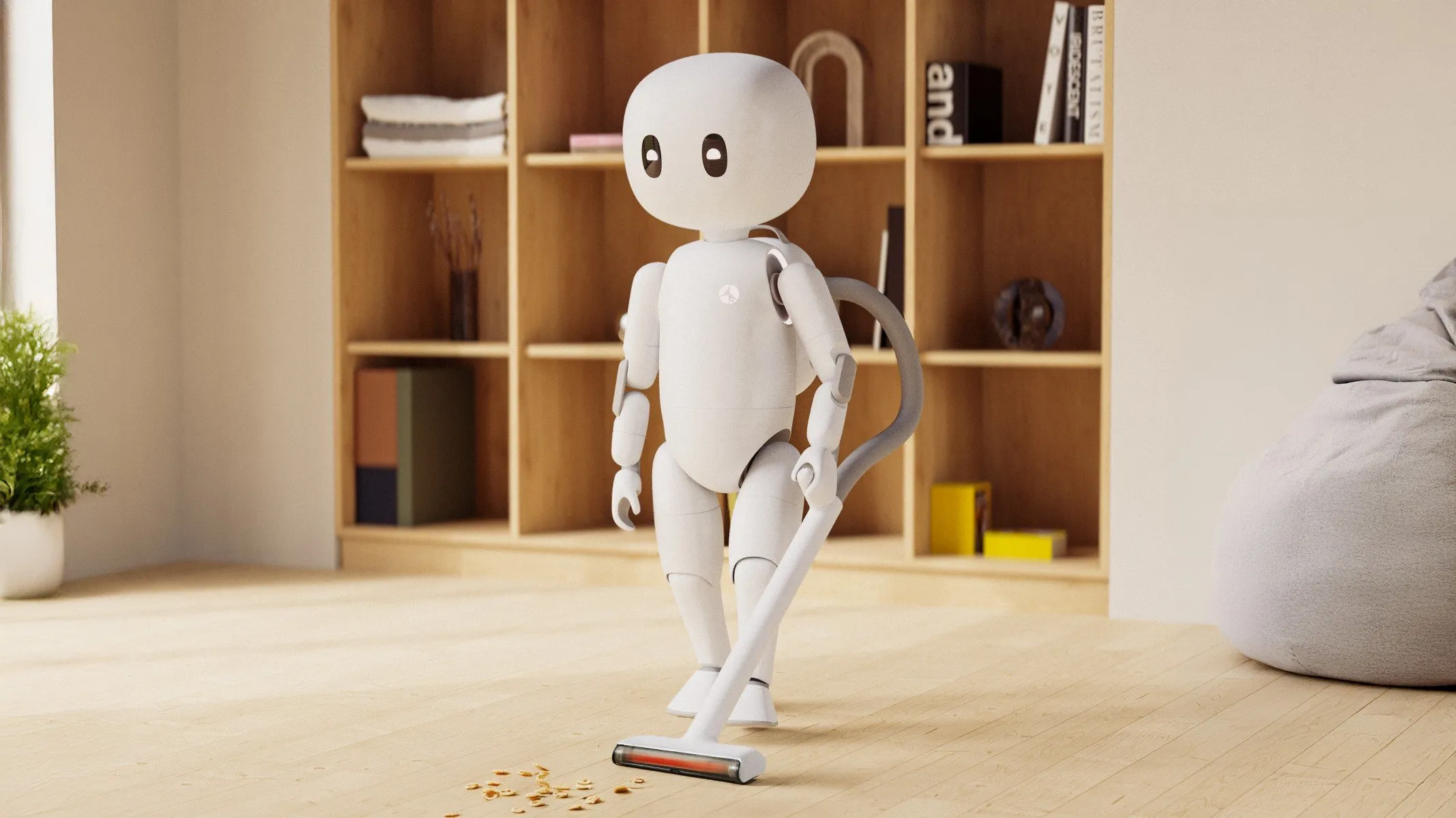 A humanoid robot vacuuming at home