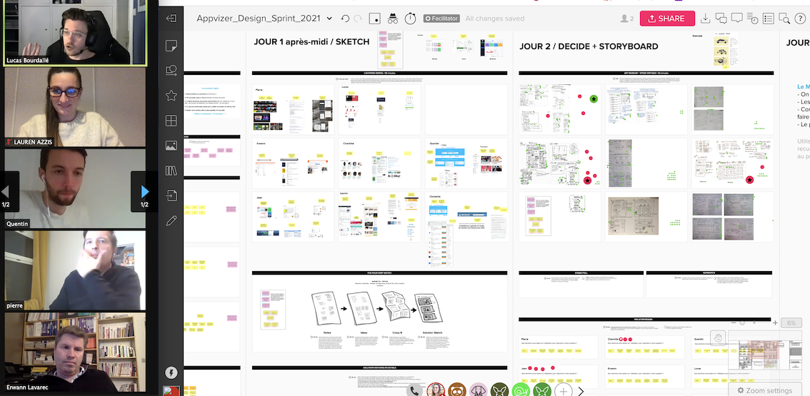 Amorçage du storyboard avec les équipes Appvizer le 3e jour du Design Sprint : le temps est venu de passer de l’idée au concret et de poser les fondamentaux du prototype à produire.
