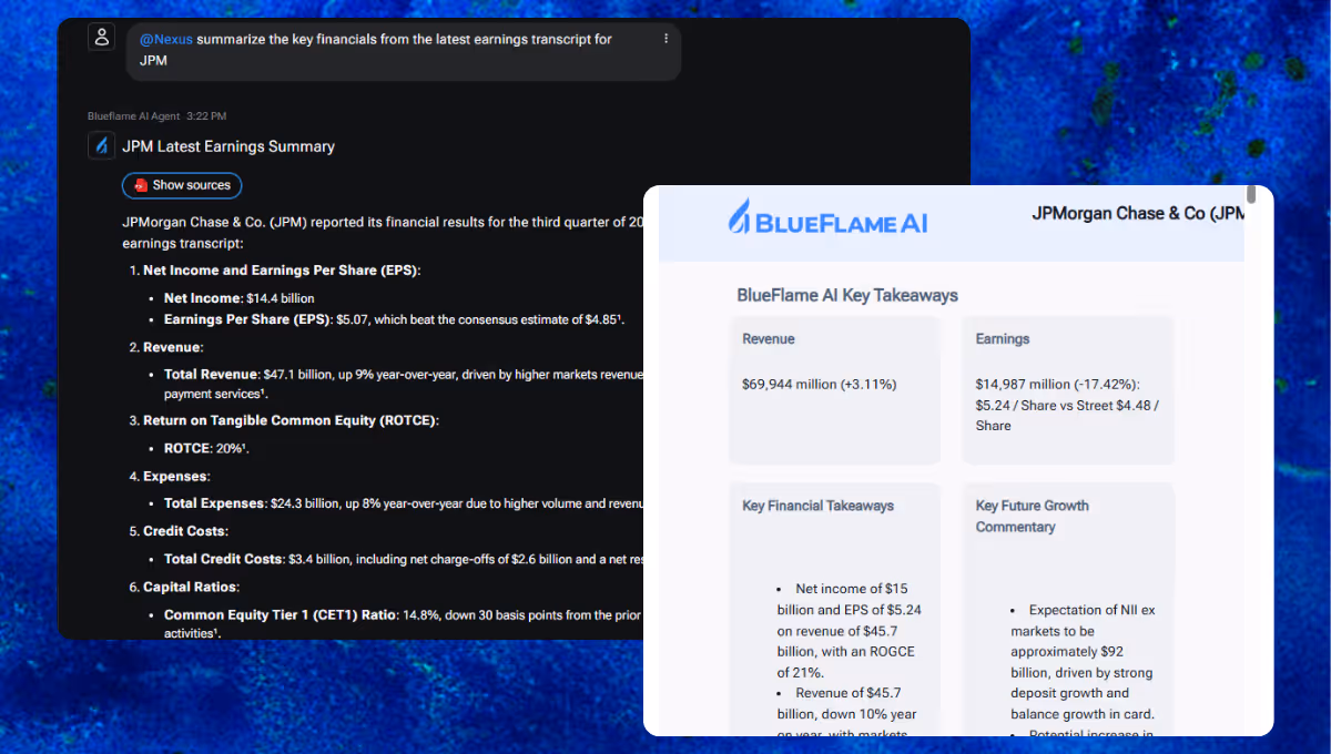 Screenshots from Blueflame AI's earnings transcript analysis feature, showing a prompt asking Blueflame to summarize key financials from a recent earnings report for a particular company.