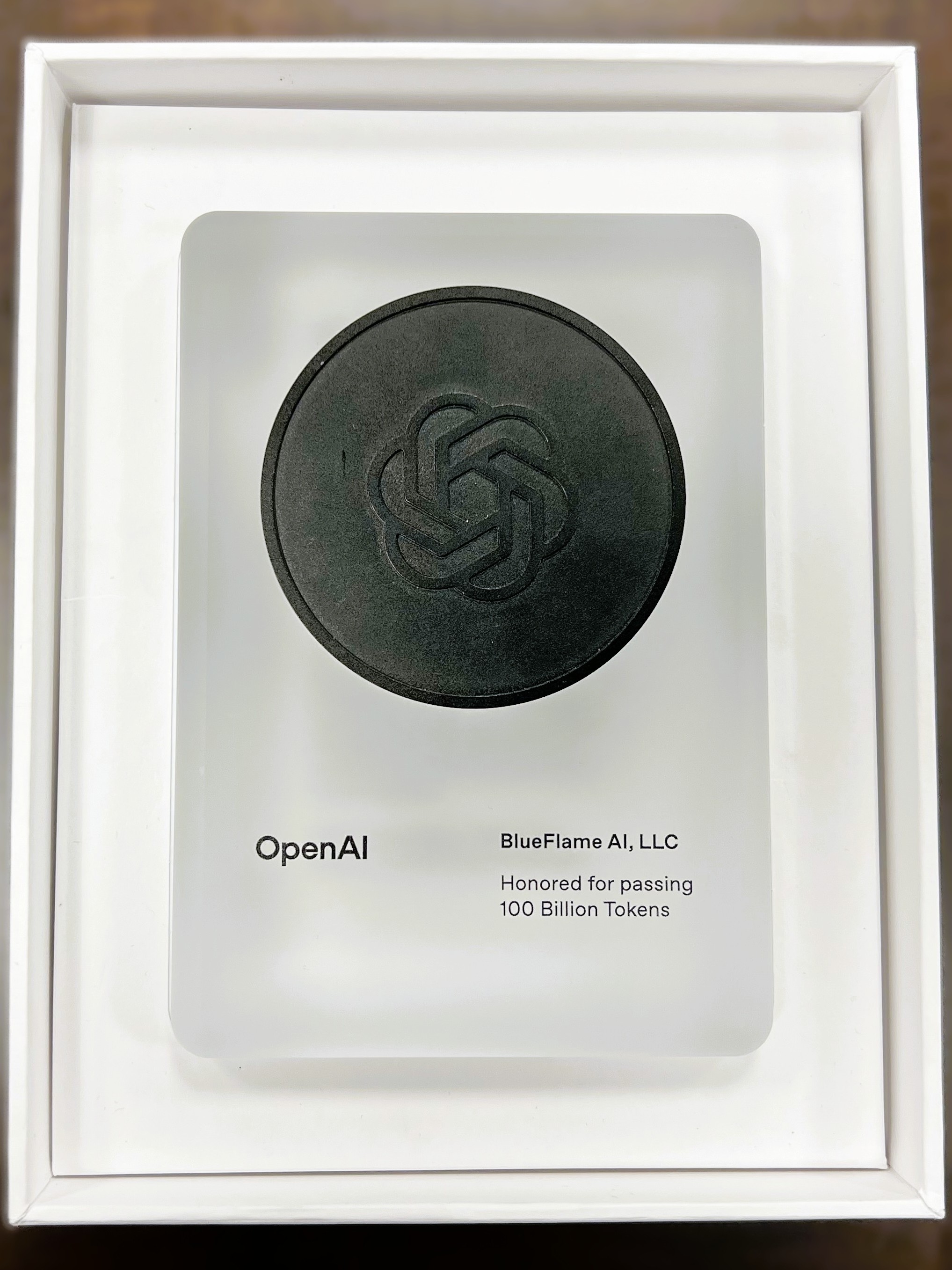 Blueflame AI's OpenAI 100 Billion Tokens Plaque 2025