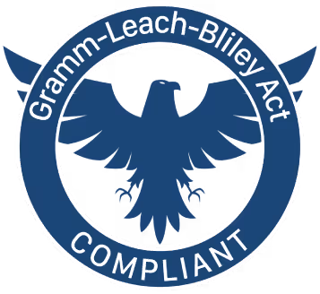 Blue circular emblem with an eagle silhouette in the center and text around the edge that reads 'Gramm-Leach-Bliley Act COMPLIANT'.