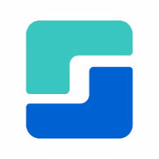 Abstract logo with two interlocking shapes, one turquoise on top and one blue on bottom.
