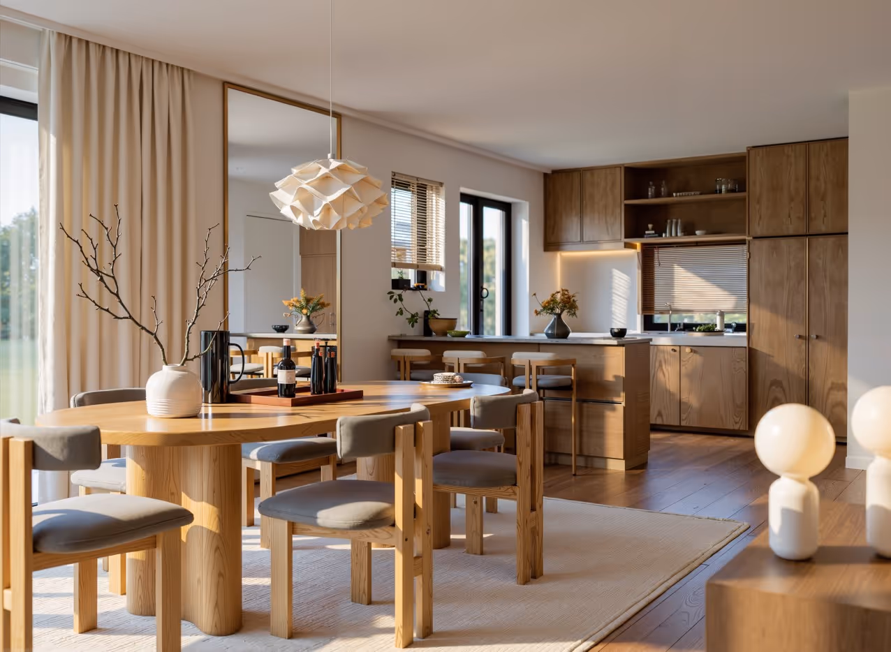 Moderner Essbereich mit Holzstühlen, ovalem Esstisch, hängender Designerlampe und offener Küche mit Holzschränken.