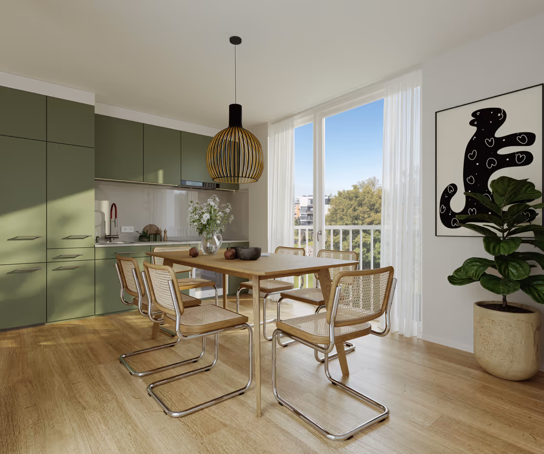 Moderner Essbereich mit grünen Küchenfronten, Holztisch, sechs Korbstühlen, einer großen Fensterfront und einer Pflanze neben einem Wandbild.
