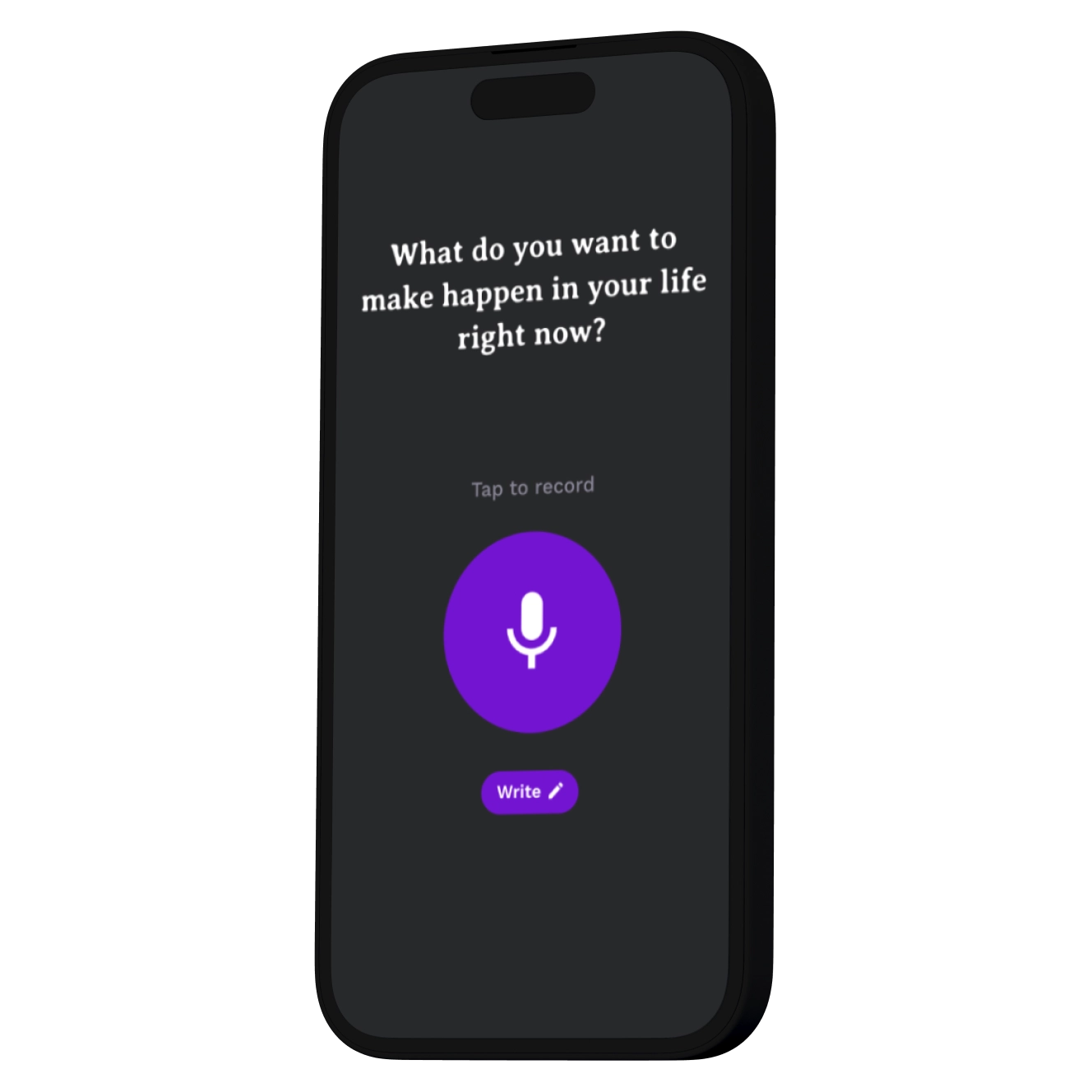 Dark-themed mobile interface with a motivational voice journaling prompt and purple microphone button for voice recording.