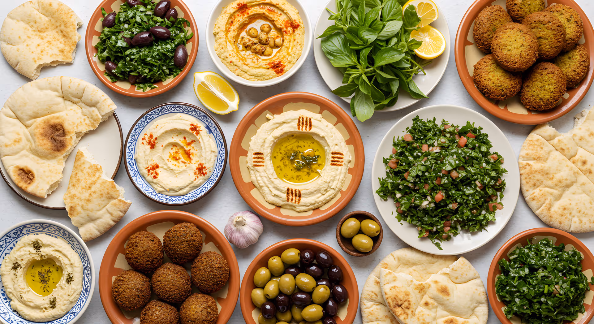 table full of dishes of mediterranean food