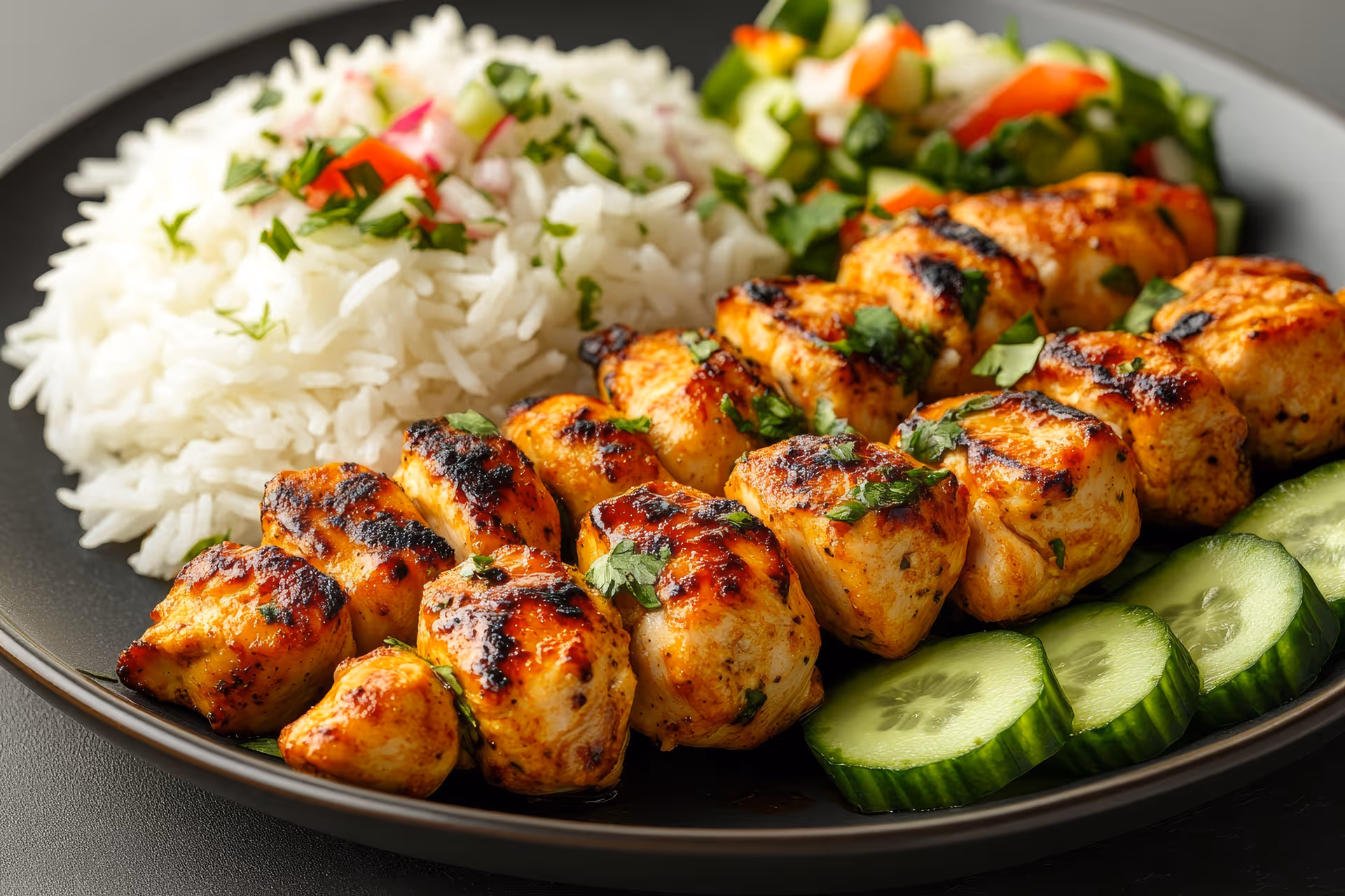 chicken skewers with rice and cucumber on the side