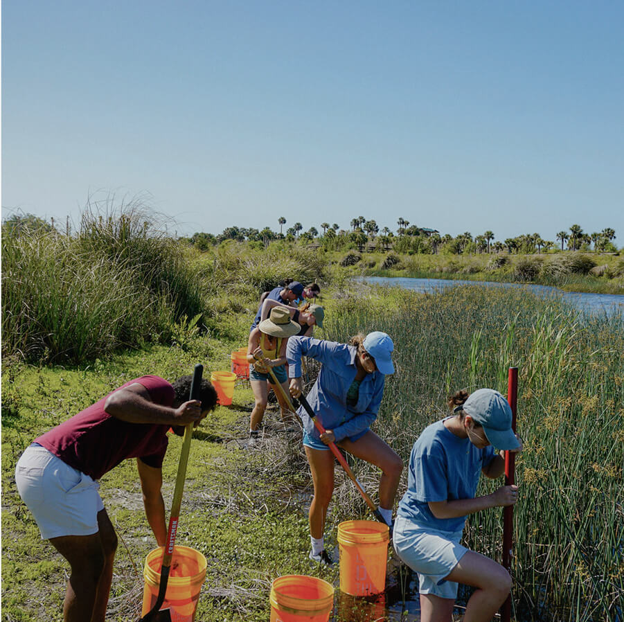 A group of people working the land next to a lake