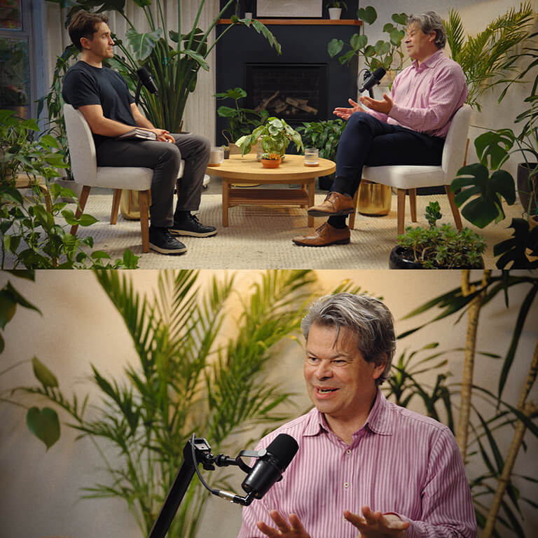 Matthew and Stuart sitting in a beautiful room recording the podcast episode