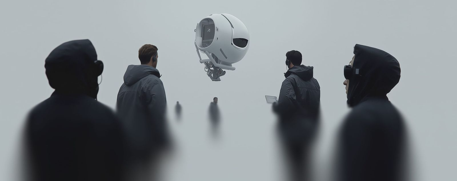 A group of people standing in front of a robot.