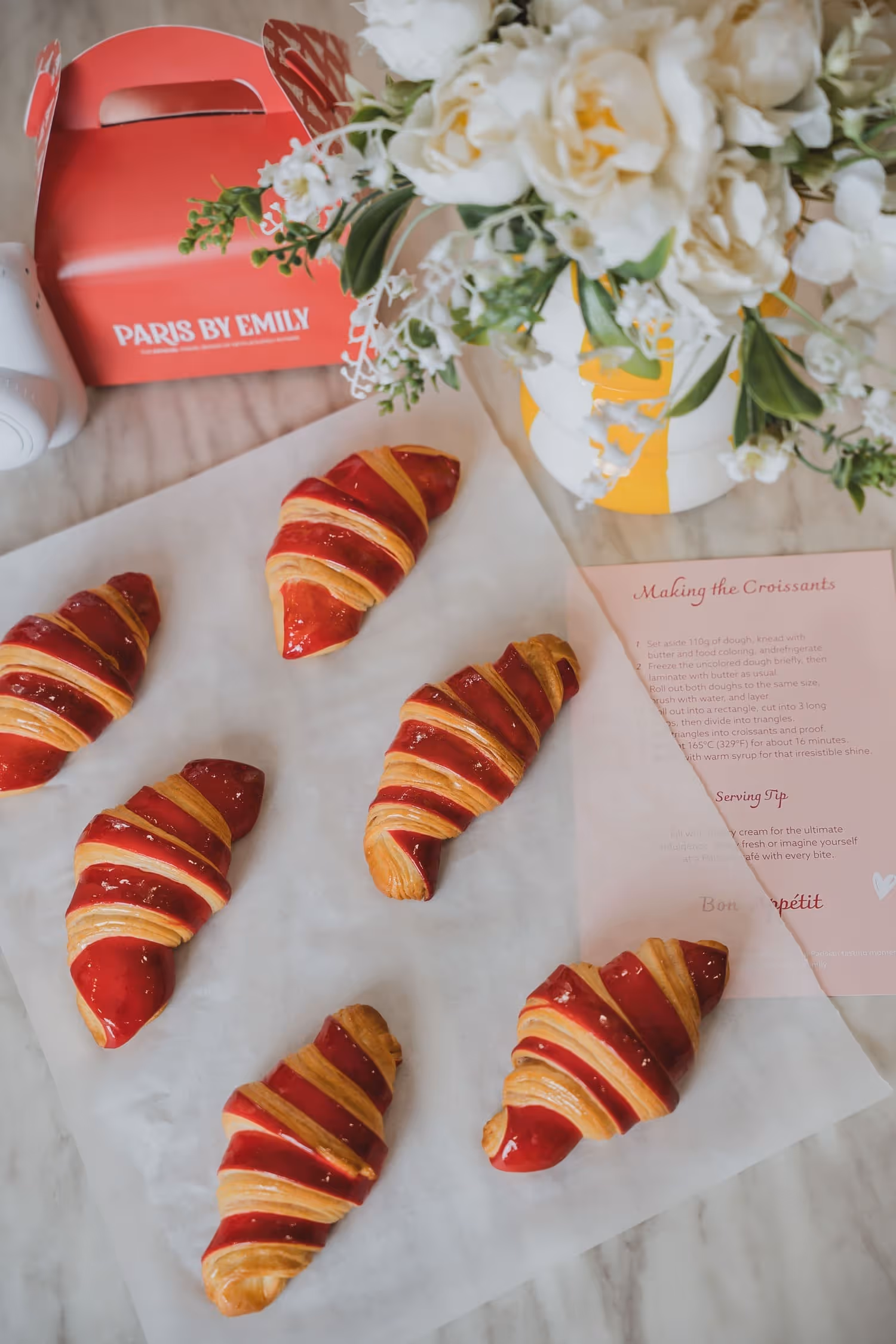 Croissant making end products with red croissants