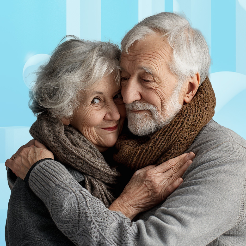 Ein Seniorenpaar, welches sich umarmt.