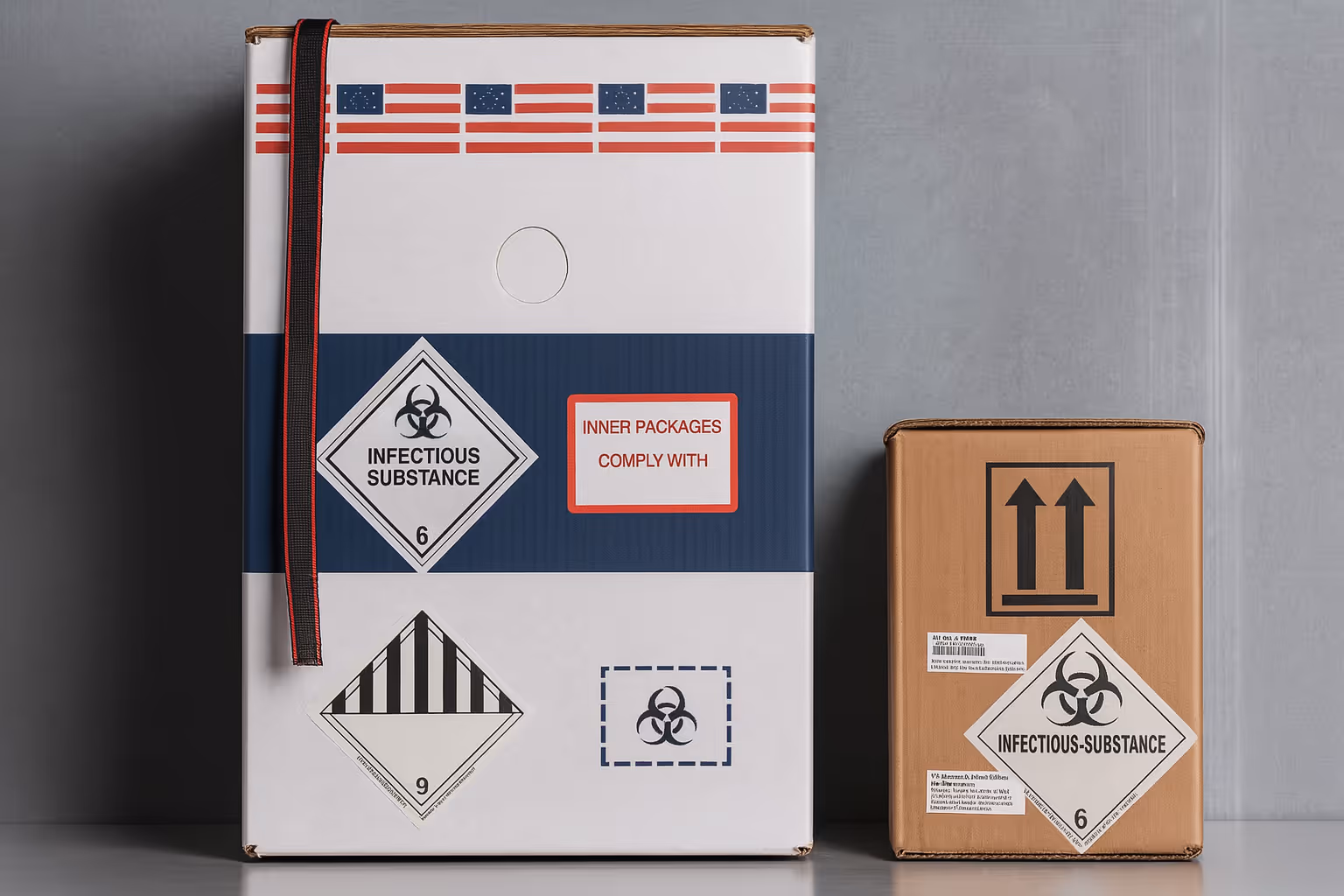 2 boxes for shipping biohazard materials with labels of dry ice attested.