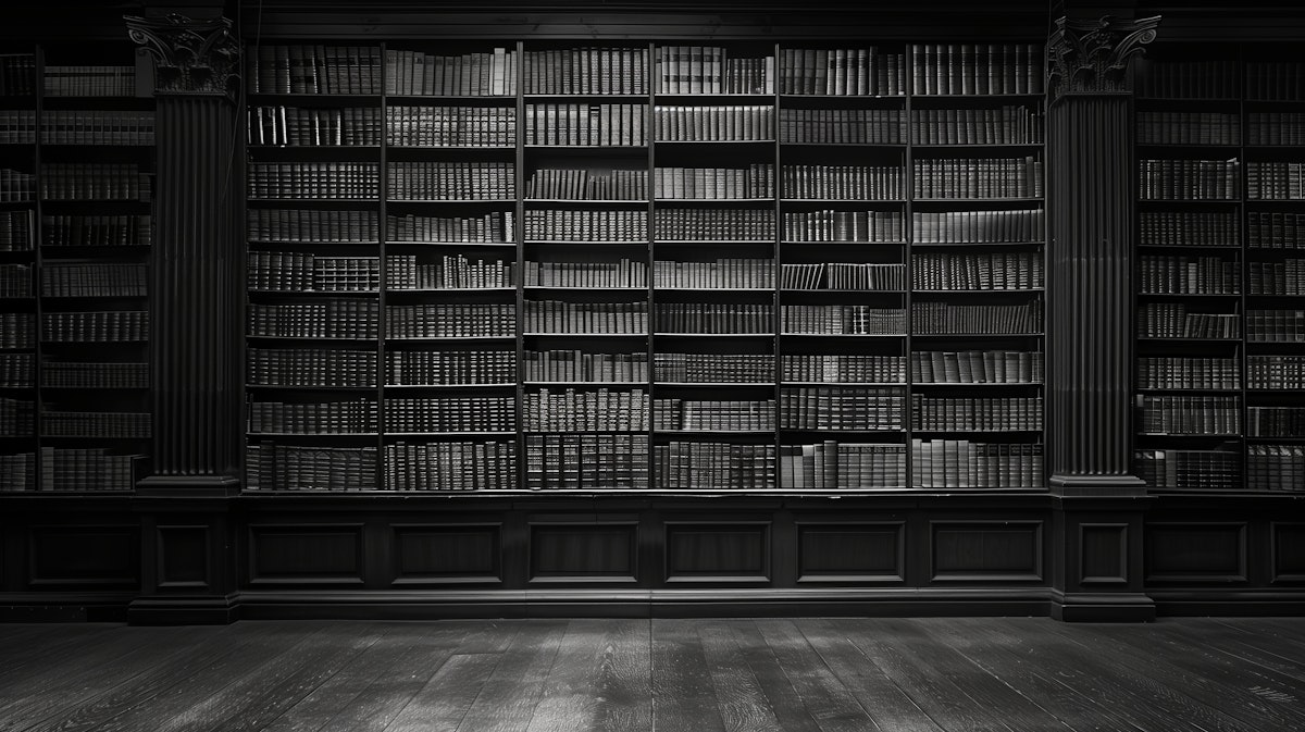 Biblioteca antigua con estanterías llenas de libros en blanco y negro