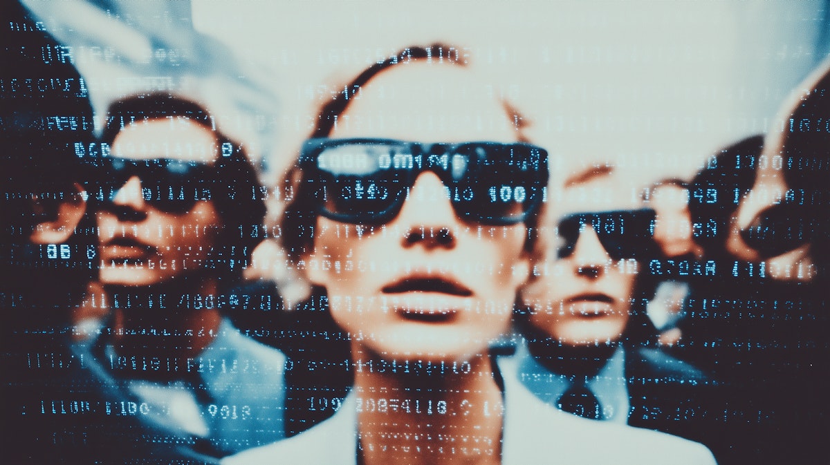 Grupo de personas con gafas de sol sobre fondo de datos digitales