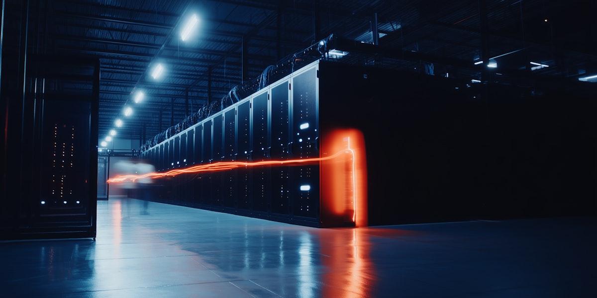 Data center moderno con efecto de luz roja y servidores activos