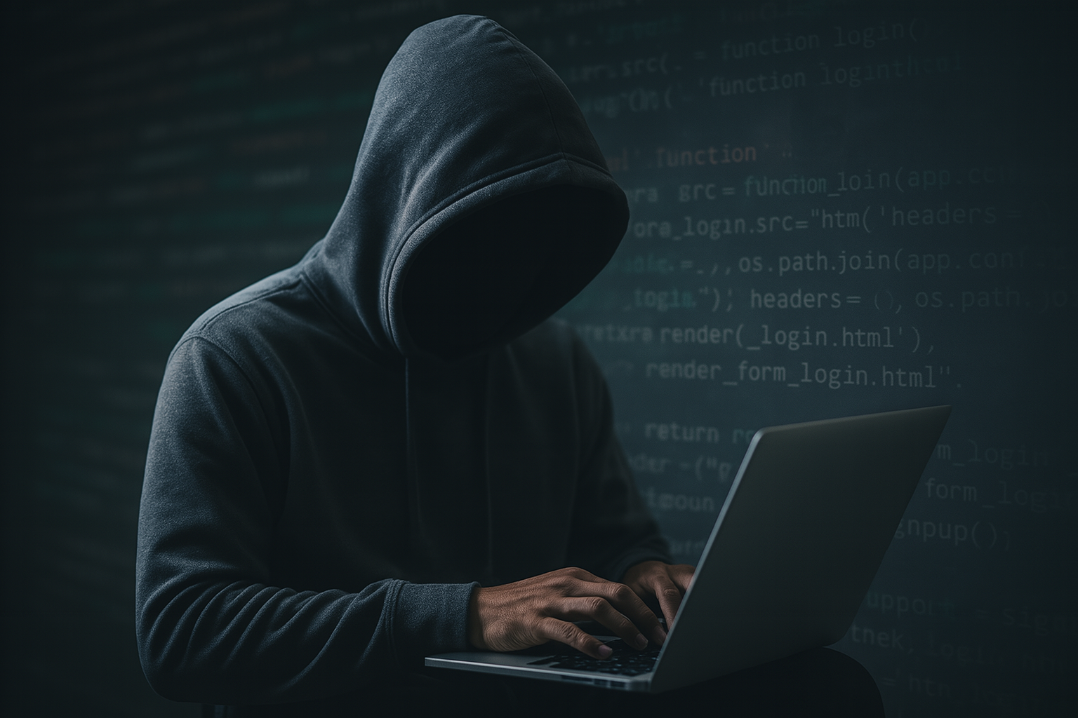 Figura encapuchada usando un portátil en un entorno oscuro con líneas de código proyectadas en el fondo, simbolizando actividades de ethical hacking y ciberseguridad.
