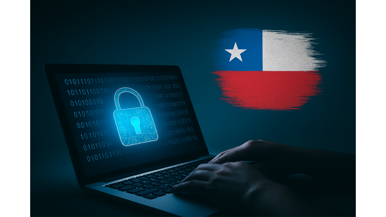 Manos escribiendo en un laptop con un ícono de candado azul brillante en la pantalla, representando ciberseguridad, mientras una bandera de Chile aparece en la esquina superior derecha sobre un fondo oscuro.
