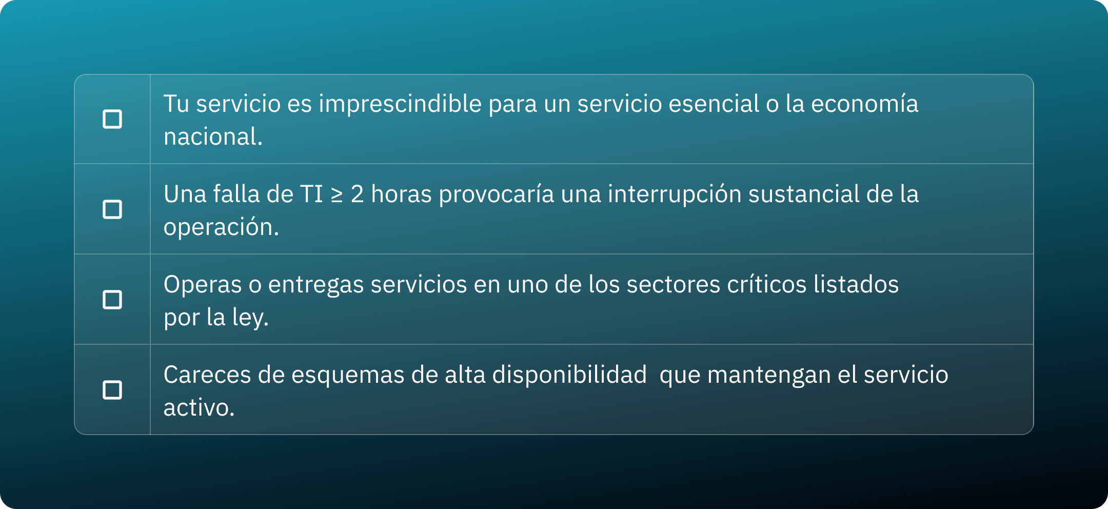 Checklist con cuatro criterios para identificar servicios críticos: esencial para economía nacional, interrupción ≥ 2 horas afecta operación, pertenencia a sectores críticos, y ausencia de alta disponibilidad.