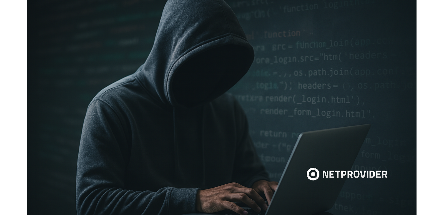 Figura encapuchada usando un portátil en un entorno oscuro con líneas de código proyectadas en el fondo, simbolizando actividades de ethical hacking y ciberseguridad.