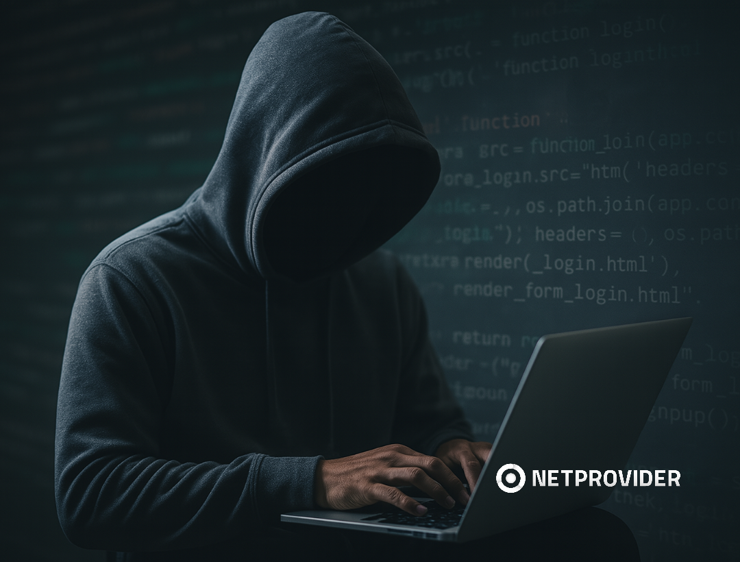 Figura encapuchada usando un portátil en un entorno oscuro con líneas de código proyectadas en el fondo, simbolizando actividades de ethical hacking y ciberseguridad.