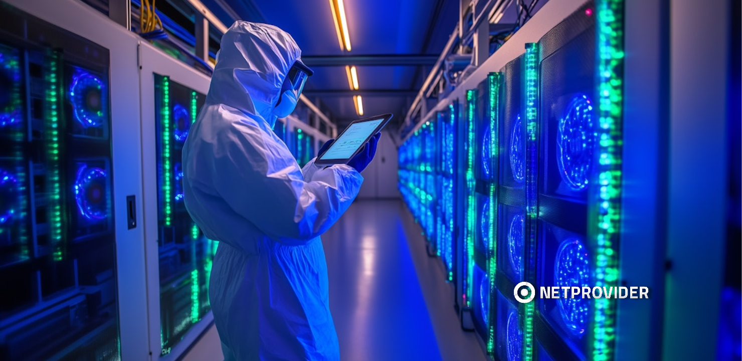 Técnico con traje de protección trabajando en un data center iluminado en azul