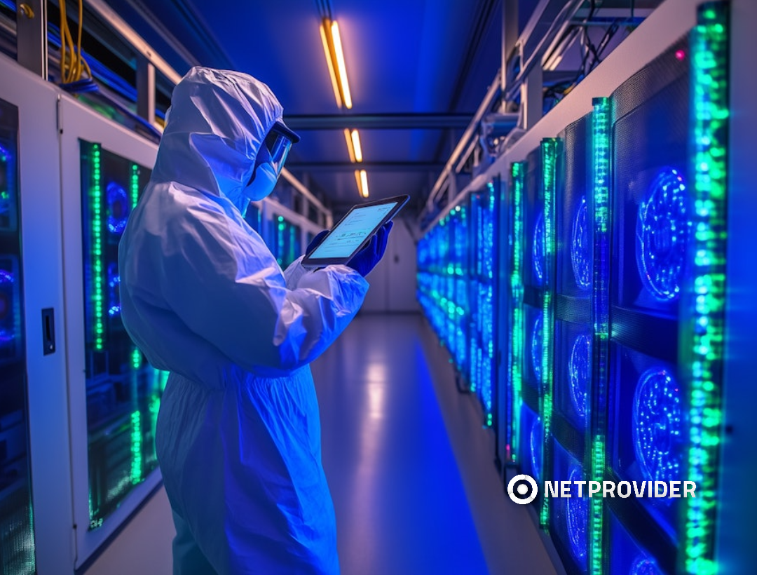 Técnico con traje de protección trabajando en un data center iluminado en azul