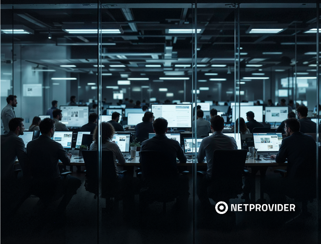 Oficina moderna con poca iluminación, empleados trabajando en estaciones con computadores, iluminados por las pantallas, creando un ambiente tecnológico y de concentración.