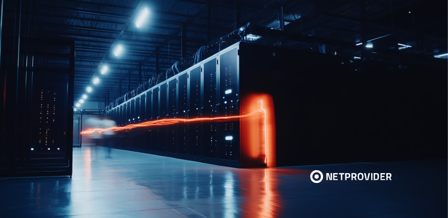 Data center moderno con efecto de luz roja y servidores activos
