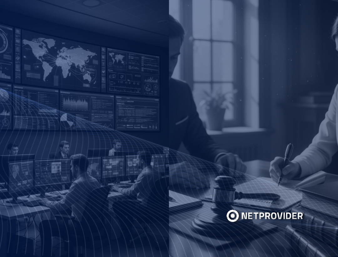 Imagen dividida en dos partes: a la izquierda, un centro de operaciones de ciberseguridad con varios analistas monitoreando pantallas con mapas y datos en tiempo real; a la derecha, una escena legal con una persona escribiendo en un documento.