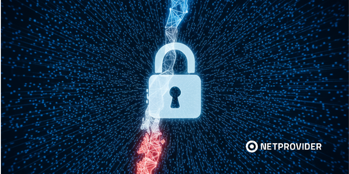 Mapa digital y futurista de Chile, iluminado en tonos azules en la parte superior, blanco en el centro y rojo en la parte inferior, sobre un fondo oscuro con circuitos y códigos binarios. Un candado brillante y transparente se superpone al centro del mapa,