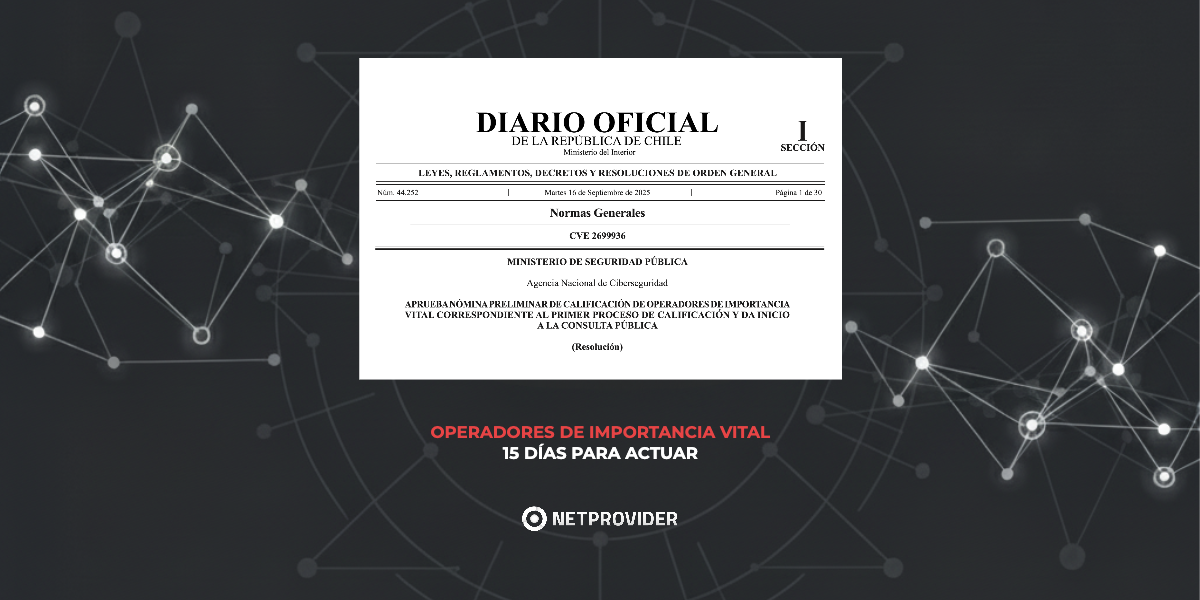 Imagen del Diario Oficial de Chile que anuncia la nómina preliminar de Operadores de Importancia Vital (OIV). Texto destacado: “Operadores de Importancia Vital – 15 días para actuar”.
