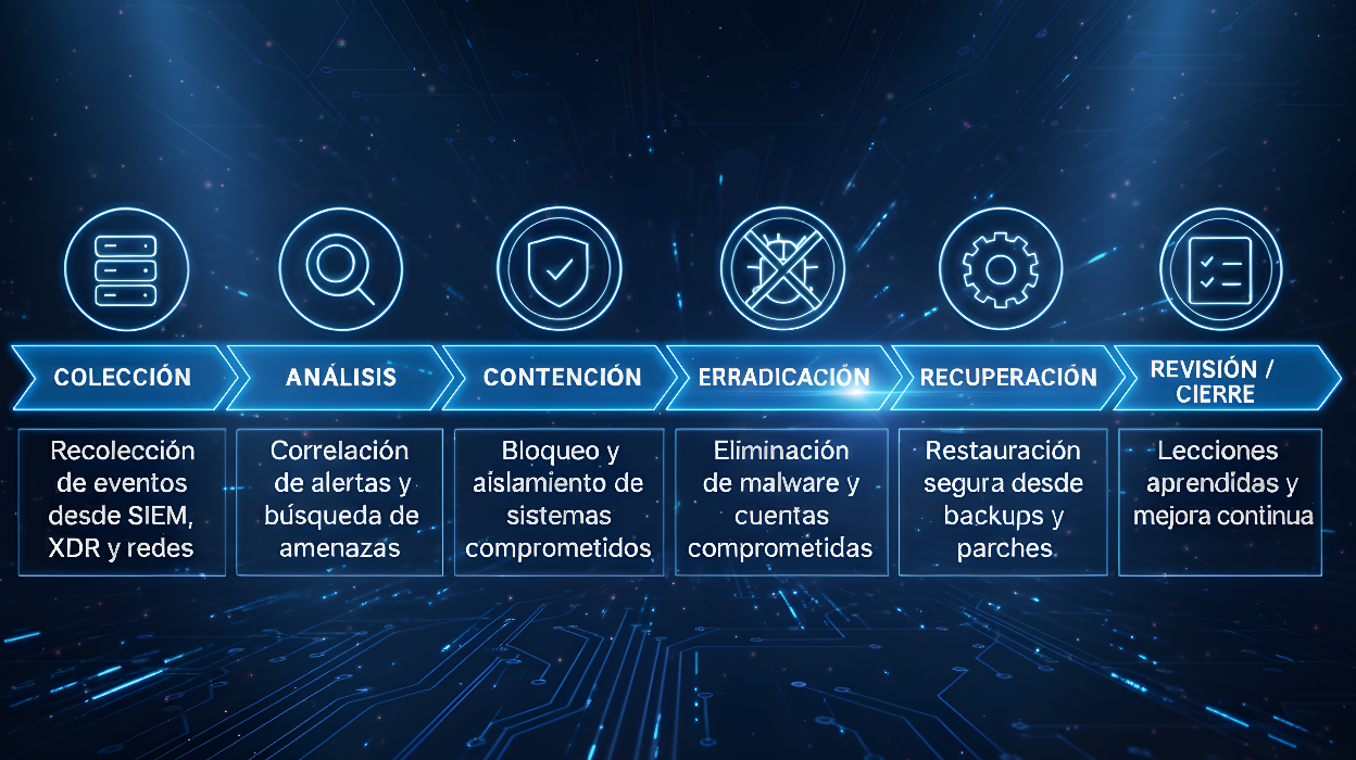 Diagrama del modelo operativo del CyberSOC de Netprovider que muestra seis etapas del proceso: Colección, Análisis, Contención, Erradicación, Recuperación y Revisión/Cierre, representadas con íconos y texto sobre un fondo tecnológico azul.