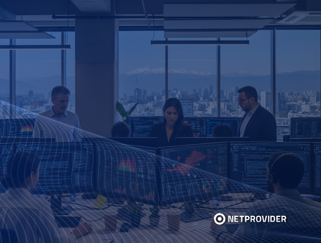 Equipo de analistas de ciberseguridad de Netprovider trabajando en un centro de operaciones con múltiples pantallas, visualizando métricas, mapas de amenazas y paneles de monitoreo, con Santiago y la cordillera al fondo.