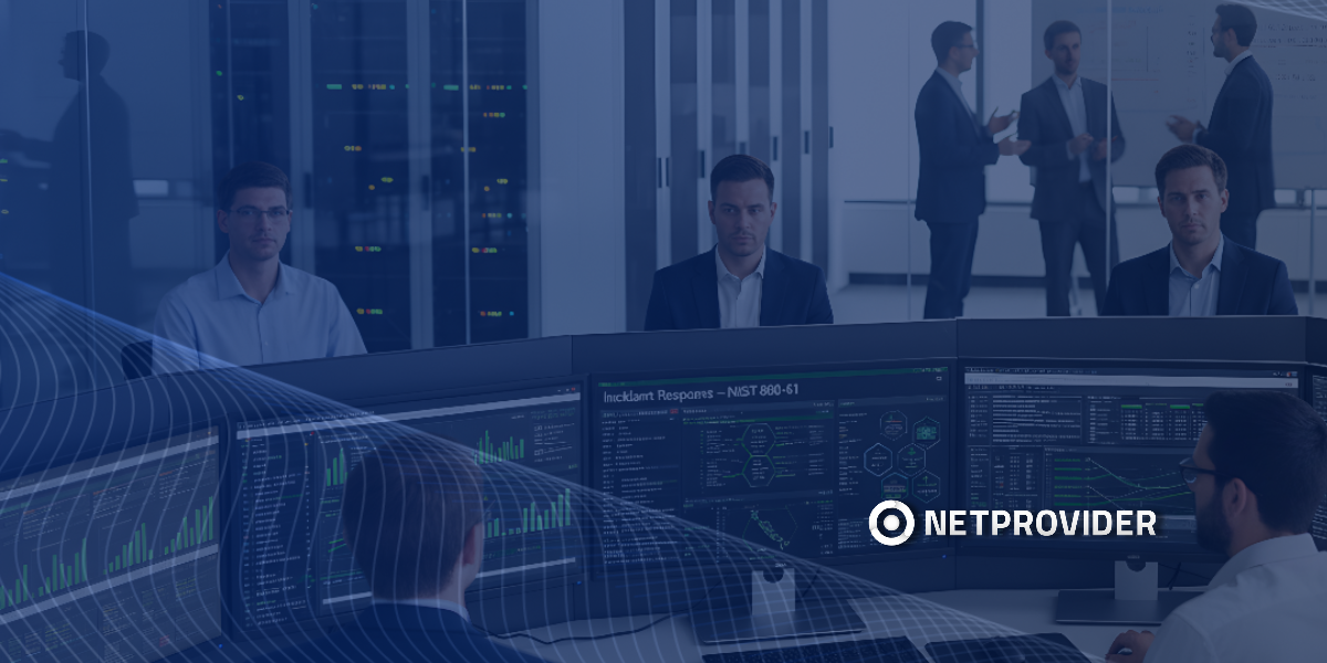 Centro de operaciones de ciberseguridad con analistas monitoreando paneles de incident response basados en NIST, mientras ejecutivos conversan al fondo en una sala de servidores.