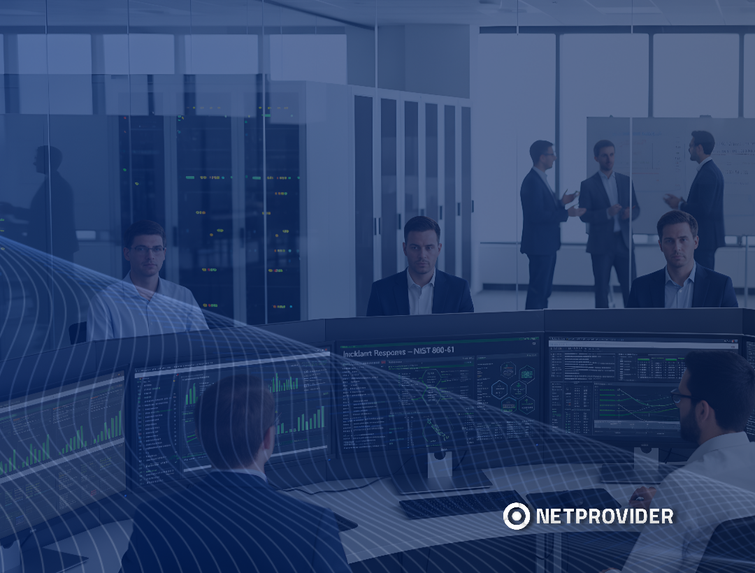 Centro de operaciones de ciberseguridad con analistas monitoreando paneles de incident response basados en NIST, mientras ejecutivos conversan al fondo en una sala de servidores.