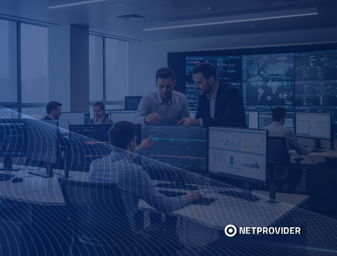 ChatGPT said:  Analistas de tecnología en el centro de monitoreo de Netprovider revisando dashboards y métricas de observabilidad en tiempo real, optimizando la visibilidad y el rendimiento operativo.