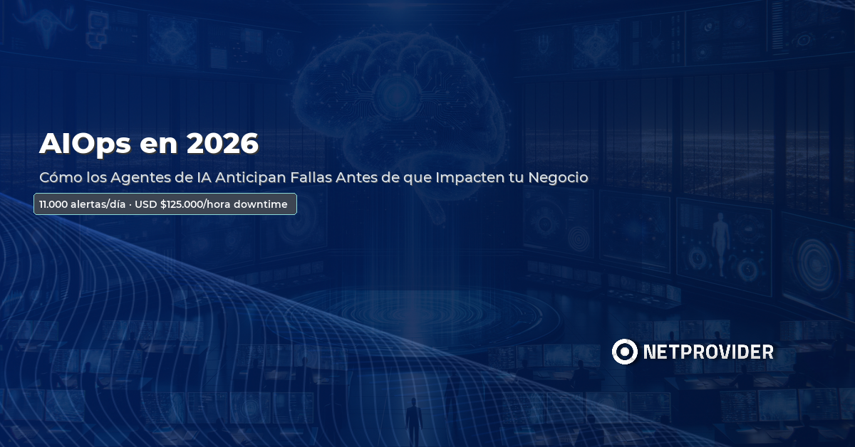 Agente de IA en centro de operaciones TI monitoreando infraestructura y alertas en tiempo real con AIOps