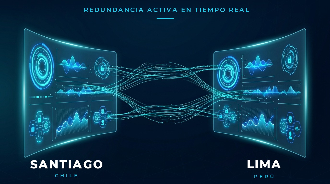 Visualización de la operación dual entre los CyberSOC de Santiago y Lima con redundancia activa en tiempo real entre Chile y Perú