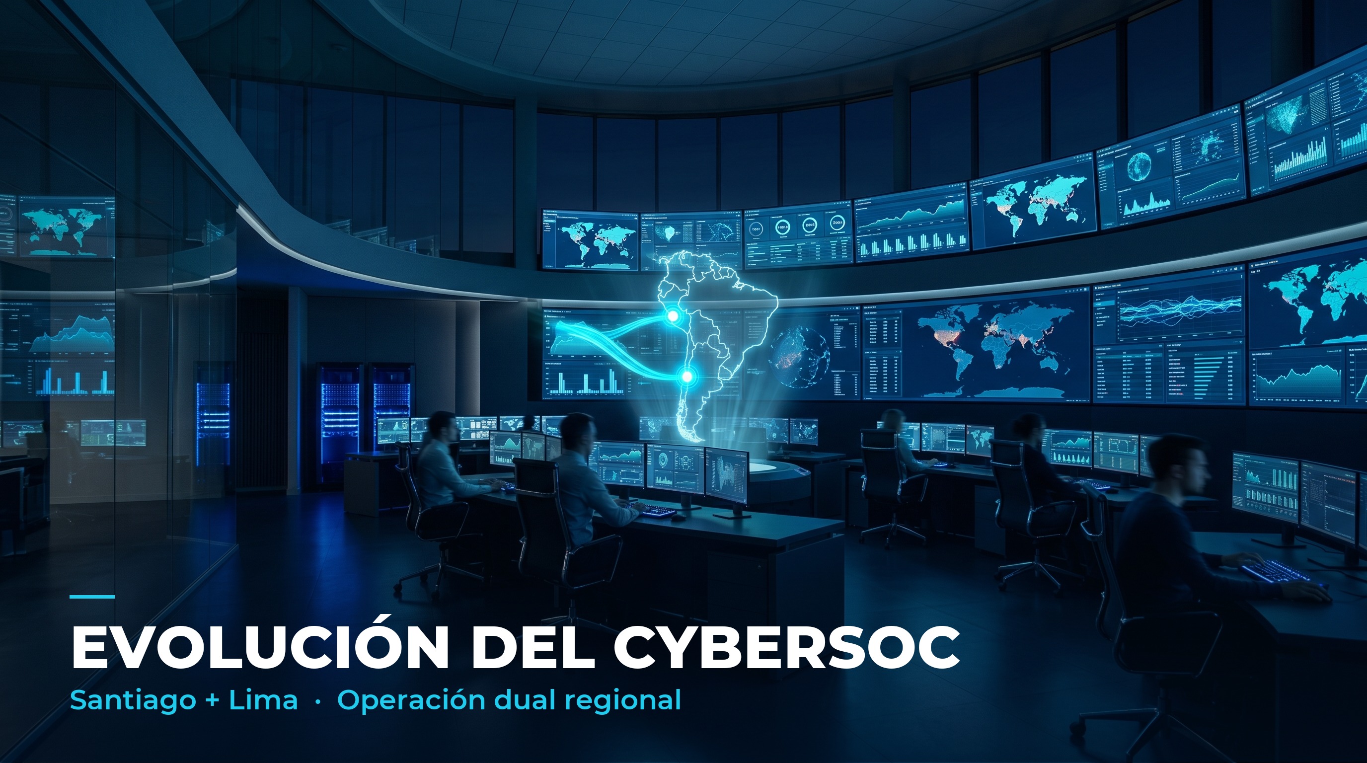 Centro de operaciones de ciberseguridad de Netprovider con un holograma del mapa de Sudamérica mostrando los nodos del CyberSOC en Santiago y Lima conectados