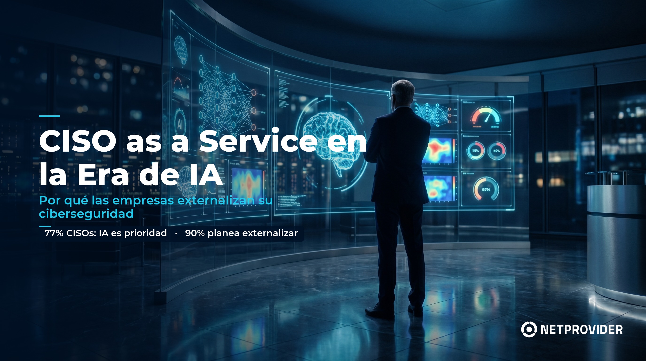 CISO ejecutivo en sala de gobernanza frente a dashboards de IA con neural networks y heatmaps de riesgo - CISO as a Service en la era de IA - Netprovider